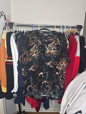 Vintage Canyon River Blues 100% Rayon Dragon Print Short Sleeve Button Up Shirt